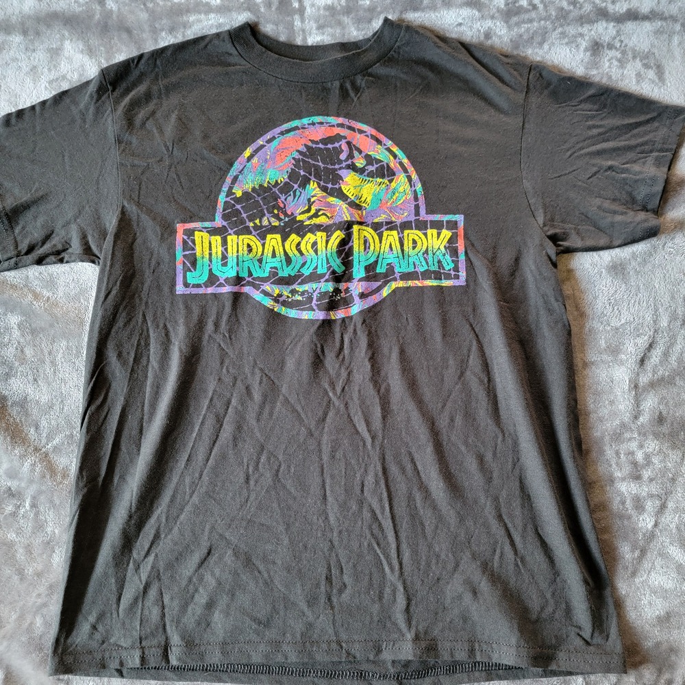 Jurassic World T-Shirt Kids Size 8 Black Excellent Neon Graphic Tee 709